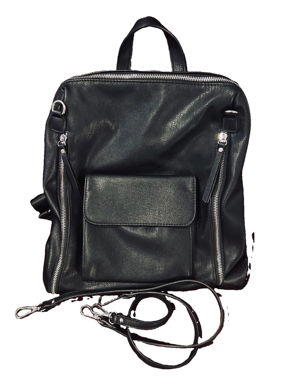 Soft black faux leather convertible backpack with vertical side zippers and flap